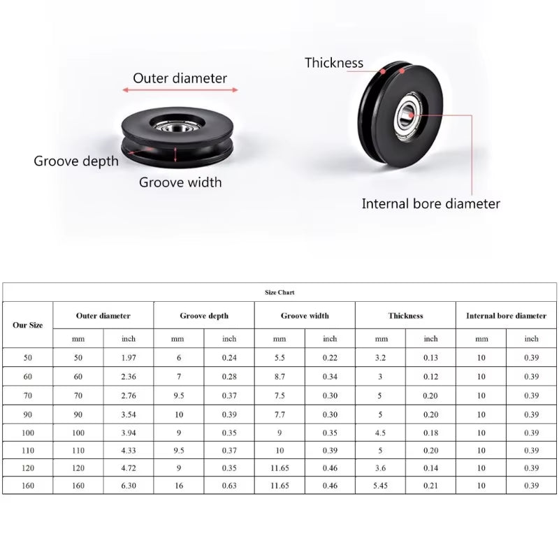 Nylon Bearing Pulley Wheel round Black Wheel Cable Gym Fitness Equipment Part Exercise Machine Part and Pulley Accessory