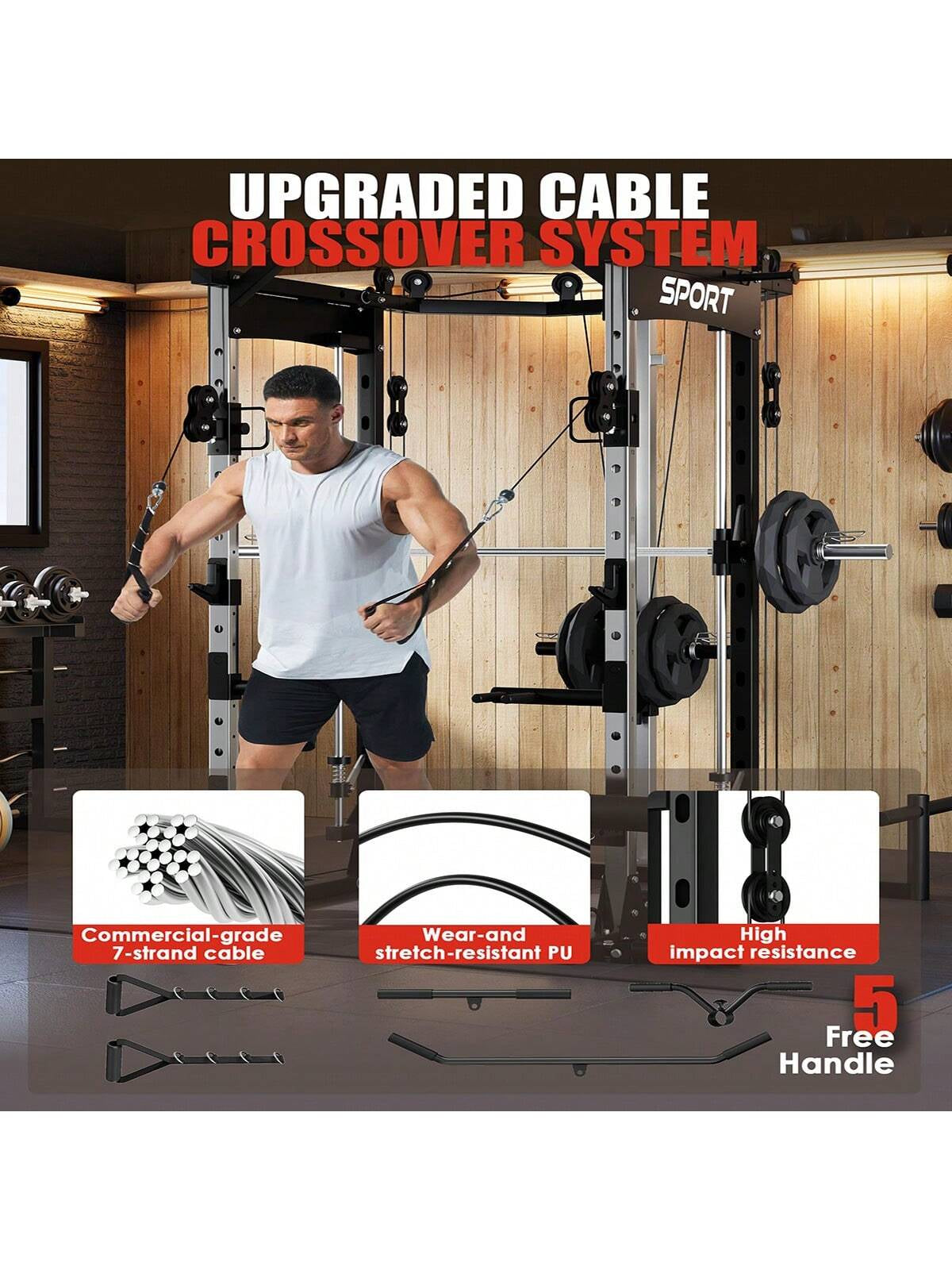 Ataucjin Smith Machine for Home Gym, Smith Machine with Cable Crossover Machine and Chest Station, All in One Home Gym System Power Rack for Garage(Ship in 3 Boxes)