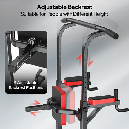 Multifunction Power Tower Pull up Bar Dip Station Power Rack with Adjustable Backrest for Home Gym Strength Training Workout Equipment Max Weight 480Lbs