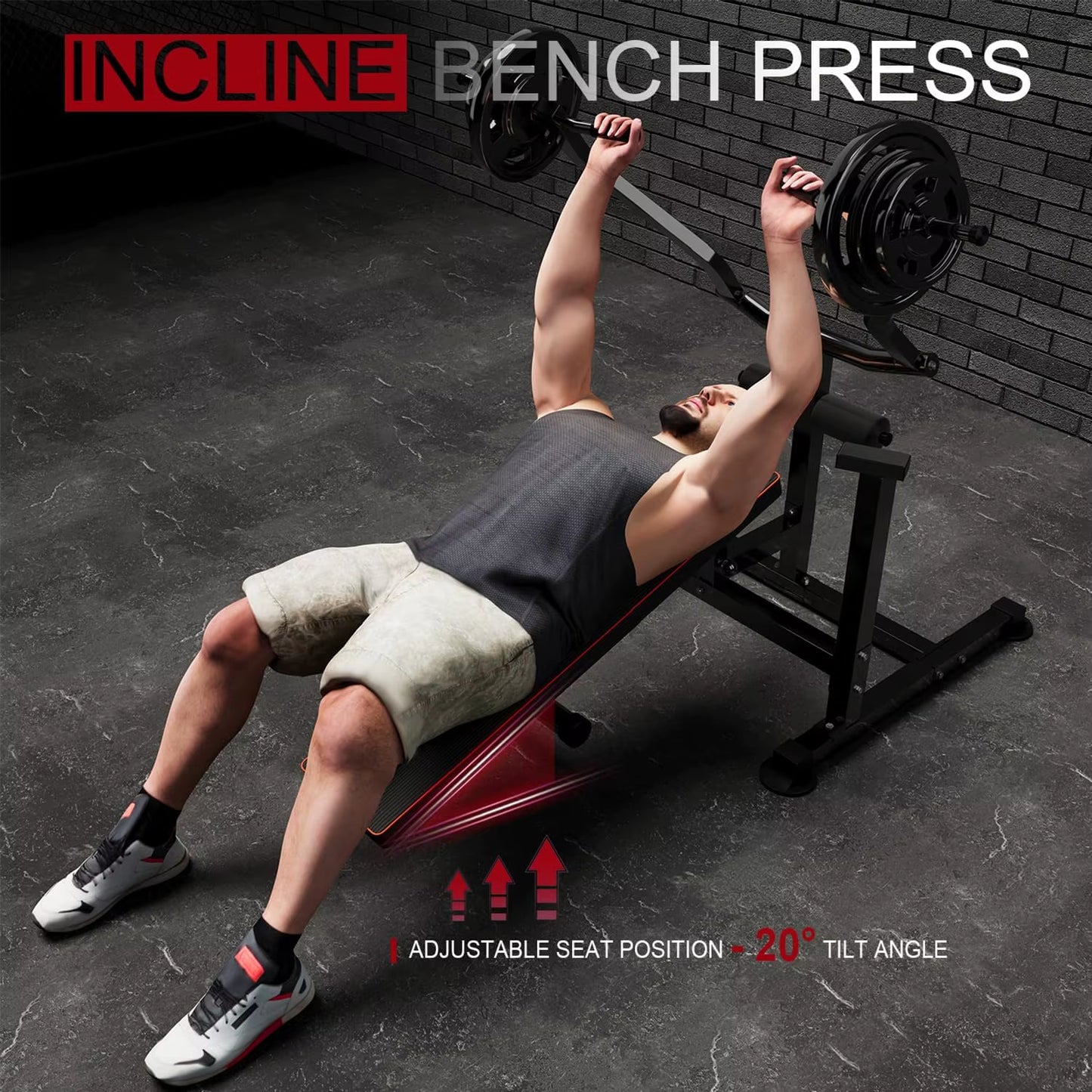 Bench Press Set Chest Press Machine with Independent Converging Arms Adjustable Flat Incline Bench Press with Dumbbell Rack For