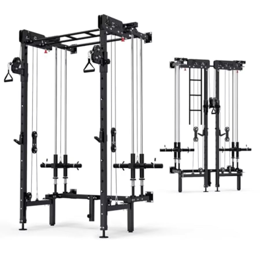 Folding Squat Rack Wall Mounted Power Rack with Cable Crossover Machine and LAT Pull down Multifunction Spacesaving Power Cage