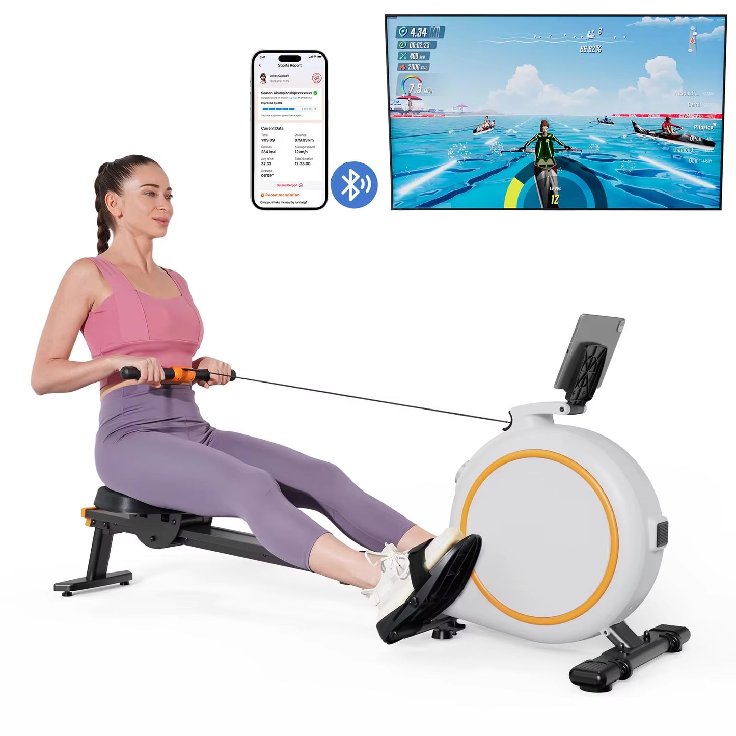 Home Rowing Machine 32Level Adjustable Resistance 300LBS Trainer Row Machine LED Monitor Tablet Holder Bluetooh Fitness Machine