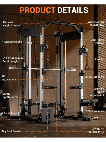 Smith Machine, 2200Lbs Squat Rack with Duable Cable & Lat-Pull down System, Multi-Function Squat Rack Power Cage for Home Gym, Training Equipment with Leg Hold-Down Attachment