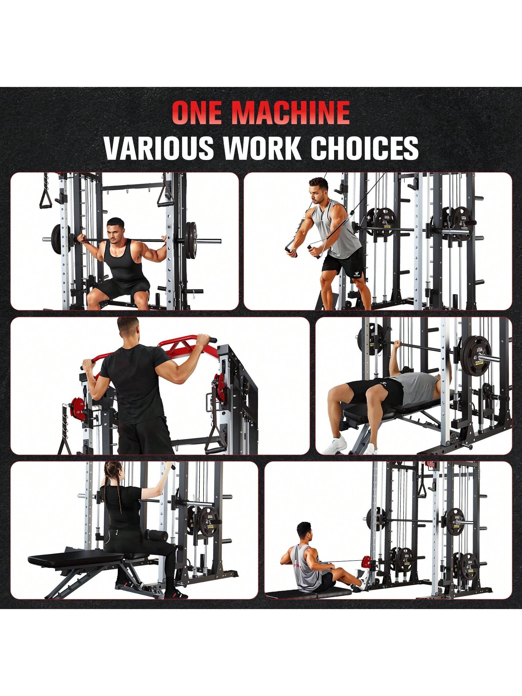 Smith Machine - 2200Lbs Squat Rack Home Gym with Lat-Pull down System & Cable Crossover Machine - Training Equipment with Leg Hold-Down Attachment