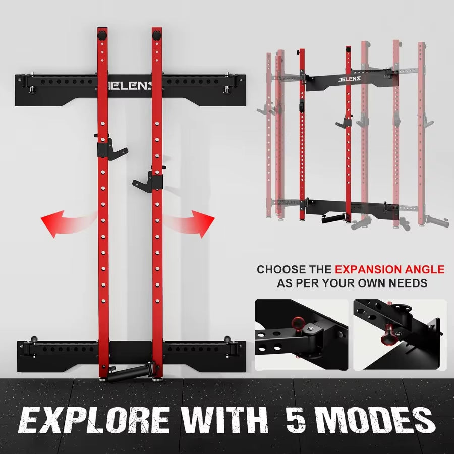 Wall Mounted Folding Squat Rack for Home Gym: Spacesaving Multifunctional Power Cage with Attachments for Strength Training Adj