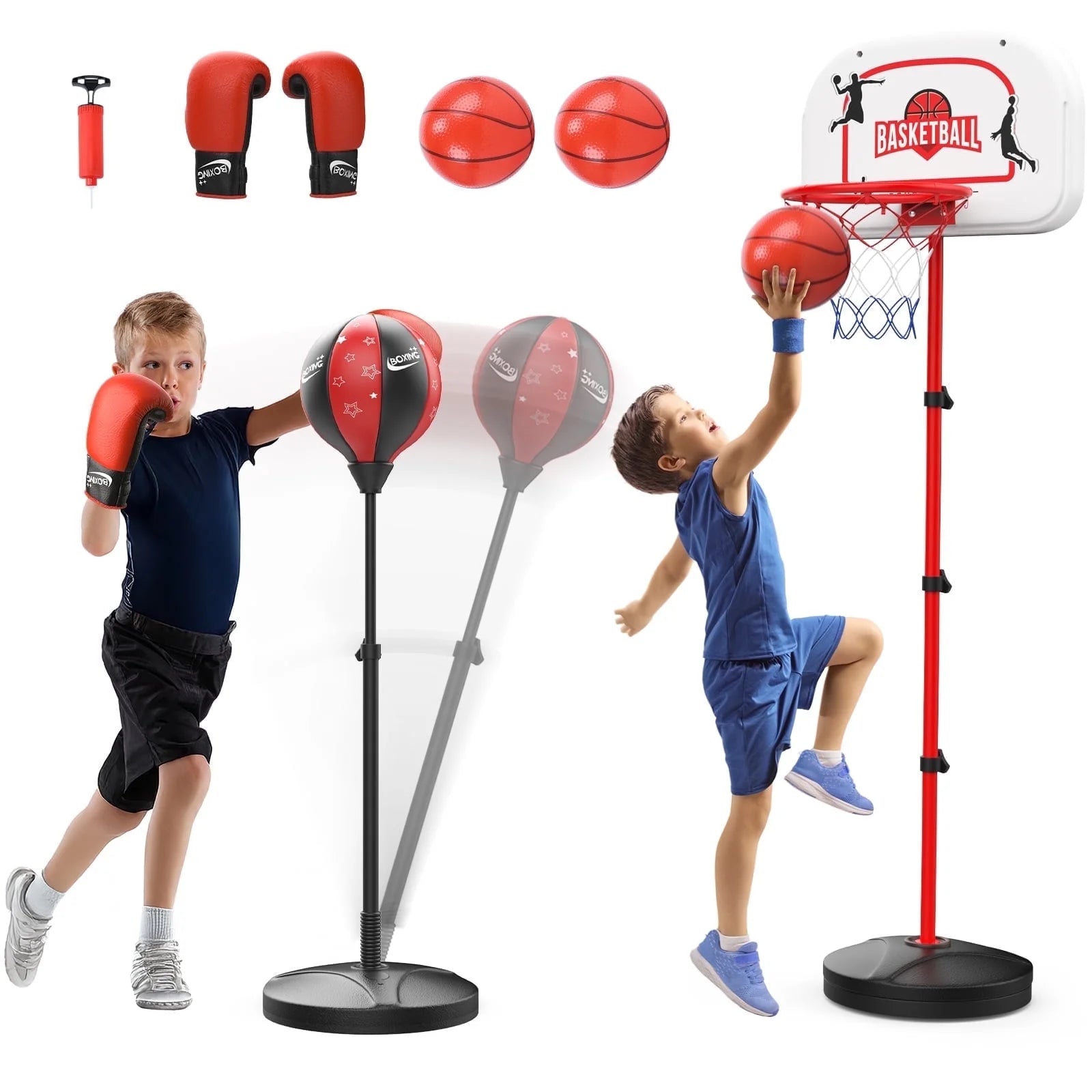 2 in 1 Kids Basketball Hoop and Punching Bag, Adjustable Stand with Boxing Gloves & 2 Balls, Toddler Basketball Hoop and Boxing Bag Set Toy for Outdoor Indoor Sports Games