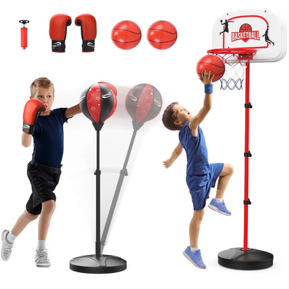 2 in 1 Kids Basketball Hoop and Punching Bag, Adjustable Stand with Boxing Gloves & 2 Balls, Toddler Basketball Hoop and Boxing Bag Set Toy for Outdoor Indoor Sports Games