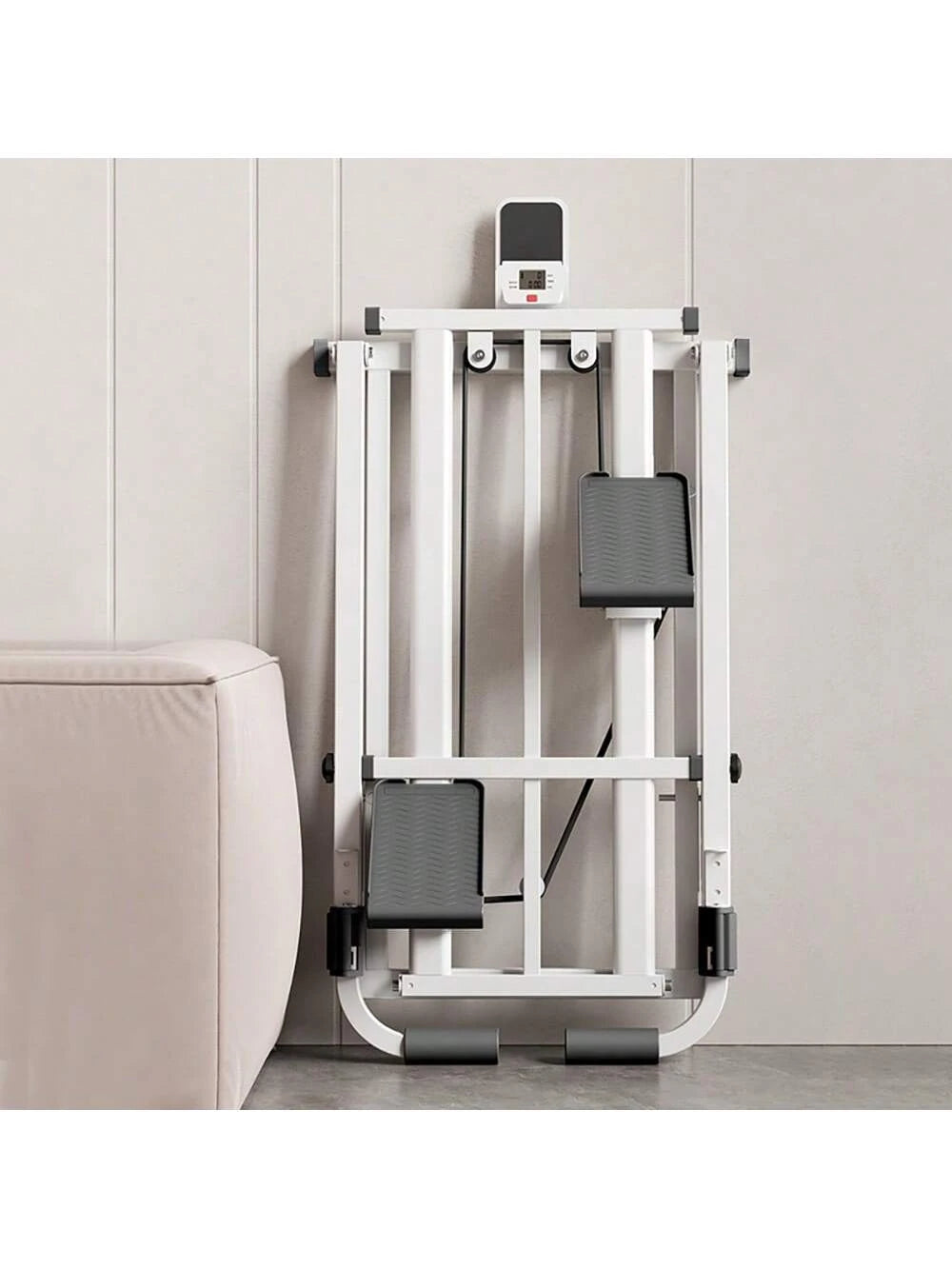 Home Fitness Vertical Climbing Machine - Adjustable Stride Folding Stair Treads, with Handle and Foot Pedals, Full-Body Exercise Equipment, Battery-Powered (No Battery Included) - White, Ideal Family Gift, Stylish Modern Design, Safe Foot Pedals