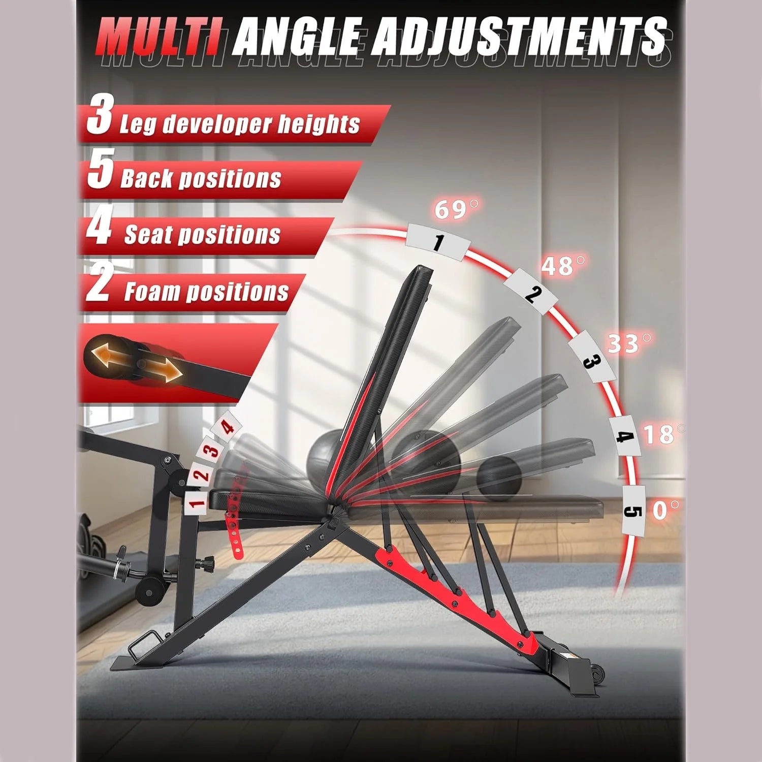 1200LBS Weight Bench, 5 Position Back Adjustable Workout Bench with Leg Developer, Multi-Purpose Utility Bench for Home Gym Strength Training, Flat/Incline/Decline Bench Press