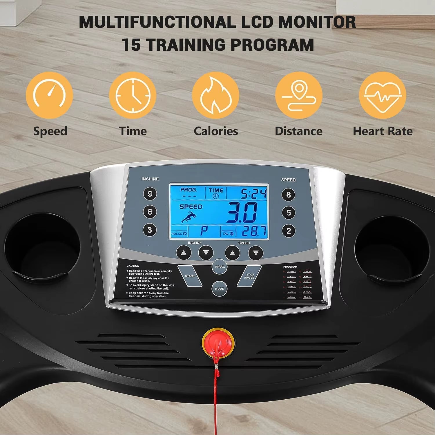 Treadmill with Auto Incline Folding Electric Running Machine 17'' Electric Treadmills 2.5HP/8.5MPH with 15 Training Programs