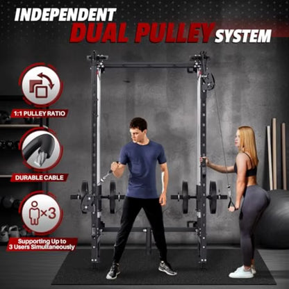 Folding Squat Rack Wall Mounted Power Rack with Cable Crossover Machine and LAT Pull down Multifunction Spacesaving Power Cage
