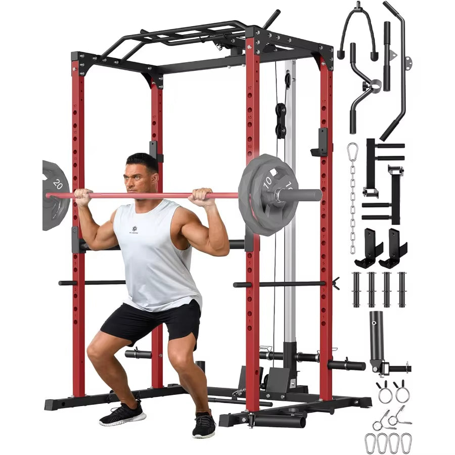 Power Cage Power Racks for Home Gym with Pulley System 1200LBS Weight Capacity Multifunctional Squat Rack for Strength Workout