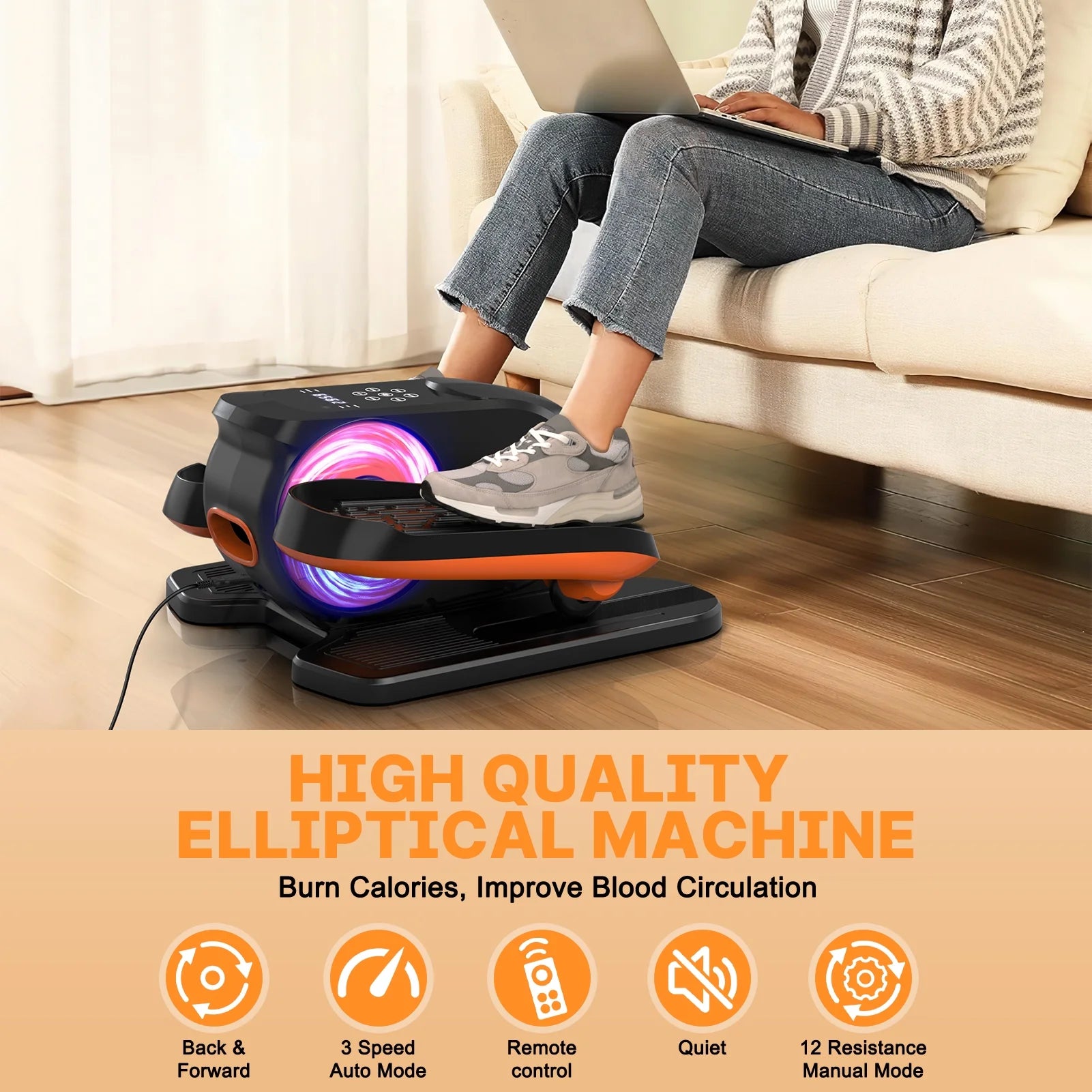 Quiet under Desk Elliptical Machine, 12 Gear Adjustable Speeds Ellipse Leg Exerciser for Home & Office