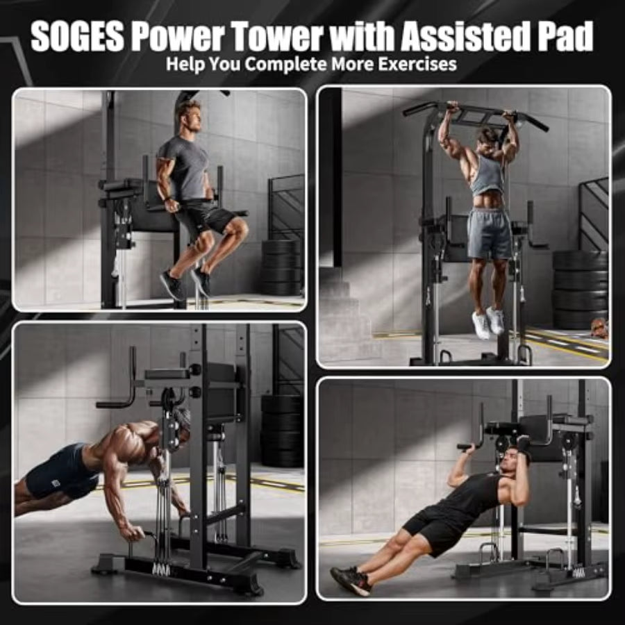 Power Tower Dip Station with Assisted Pad Height Adjustable Pull up Bar Station for Home Gym Multi-Function Strength Training F