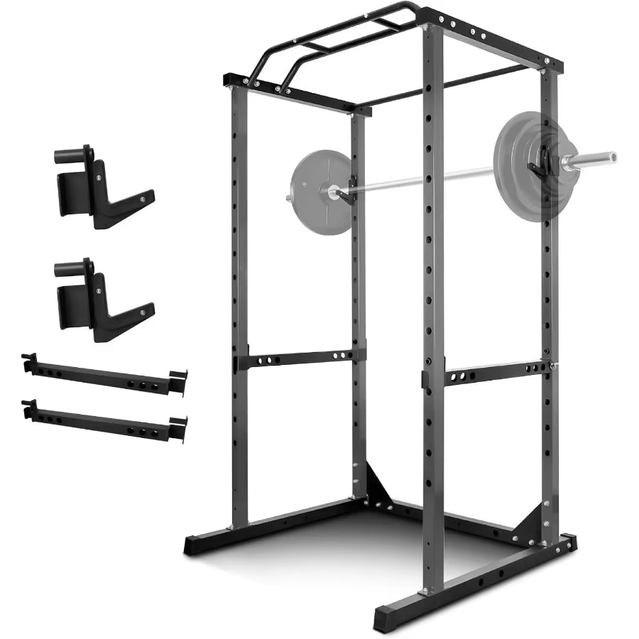 Power Cage 1200LB Squat Rack with Dual Pulley Cable Crossover System for Home Gym: Multifunction Free Weight Workout Machine Fe