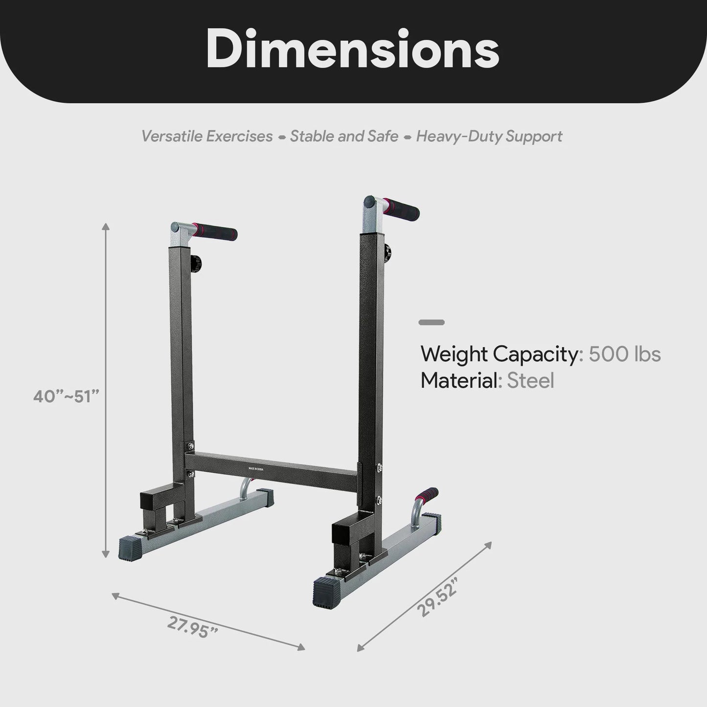 Steel Frame Dip Station with Adjustable Height, 500 Lb Weight Capacity, Black