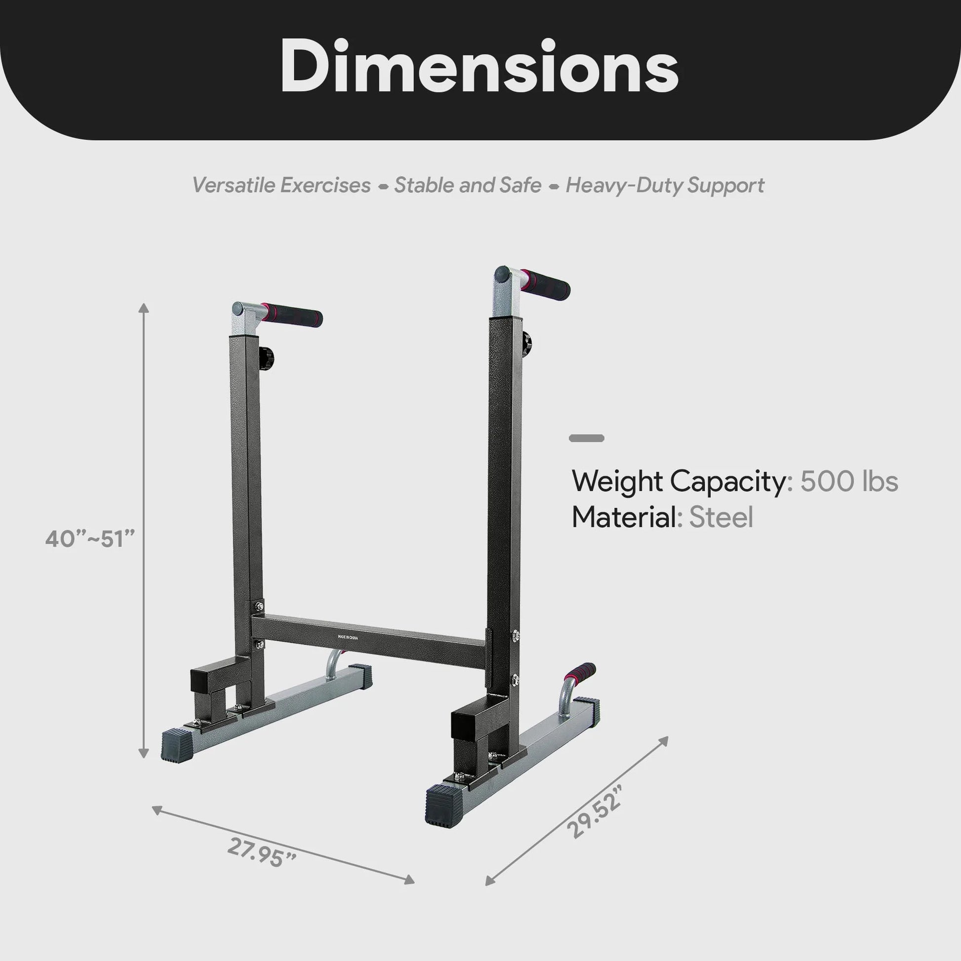 Steel Frame Dip Station with Adjustable Height, 500 Lb Weight Capacity, Black