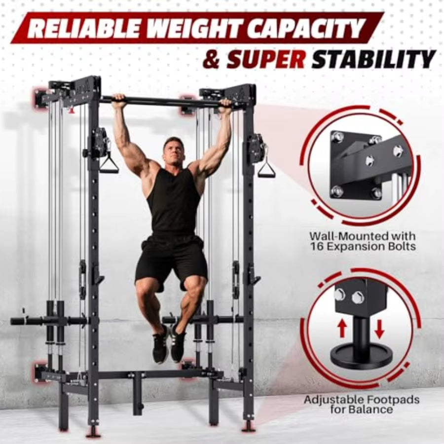 Folding Squat Rack Wall Mounted Power Rack with Cable Crossover Machine and LAT Pull down Multifunction Spacesaving Power Cage