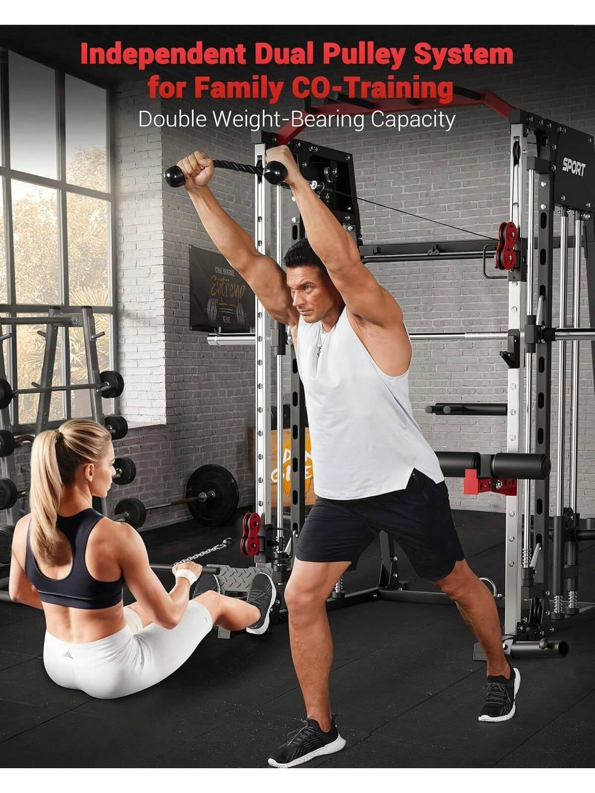 Ataucjin Smith Machine Home Gym All in One, 2200LBS Squat Rack Power Cage Workout Equipment with Smith Bar, LAT Pull-Down Systems, Cable 1, Leg Hold-Down and More Attachments(Ship in 4 Boxes)