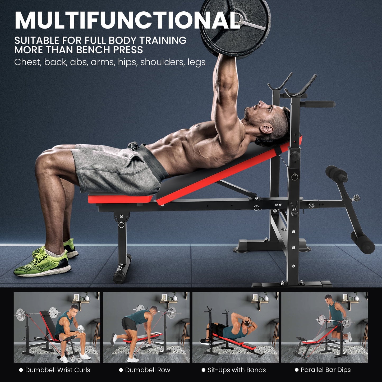 Foldable , Adjustable Weight Bench Set with Barbell Rack Removable Foot Catch for Incline Flat Decline Sit up Bench Press Set for Full Body Exercise