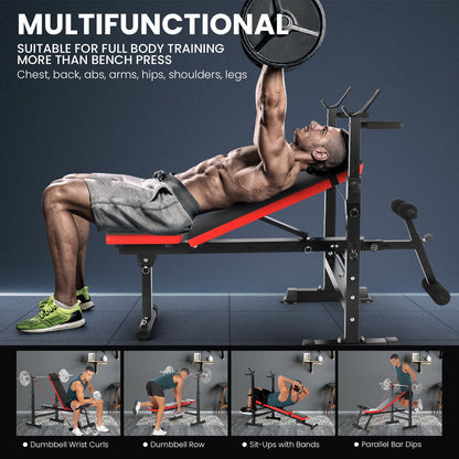 Foldable , Adjustable Weight Bench Set with Barbell Rack Removable Foot Catch for Incline Flat Decline Sit up Bench Press Set for Full Body Exercise