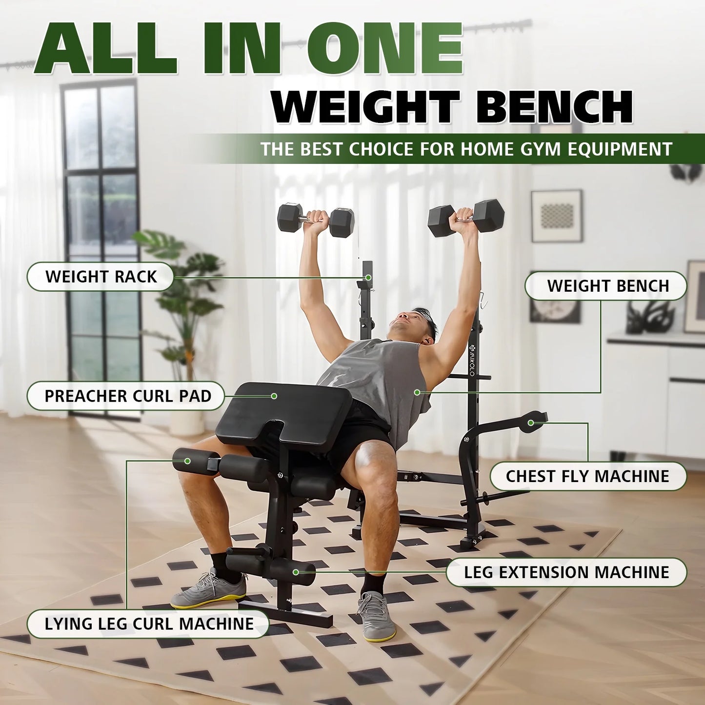 Adjustable Weight Bench Set, 800LBS 6 in 1 Full Body Workout Weight Bench with Leg Extension , Multi-Function Strength Training Bench Press Set for Home Gym
