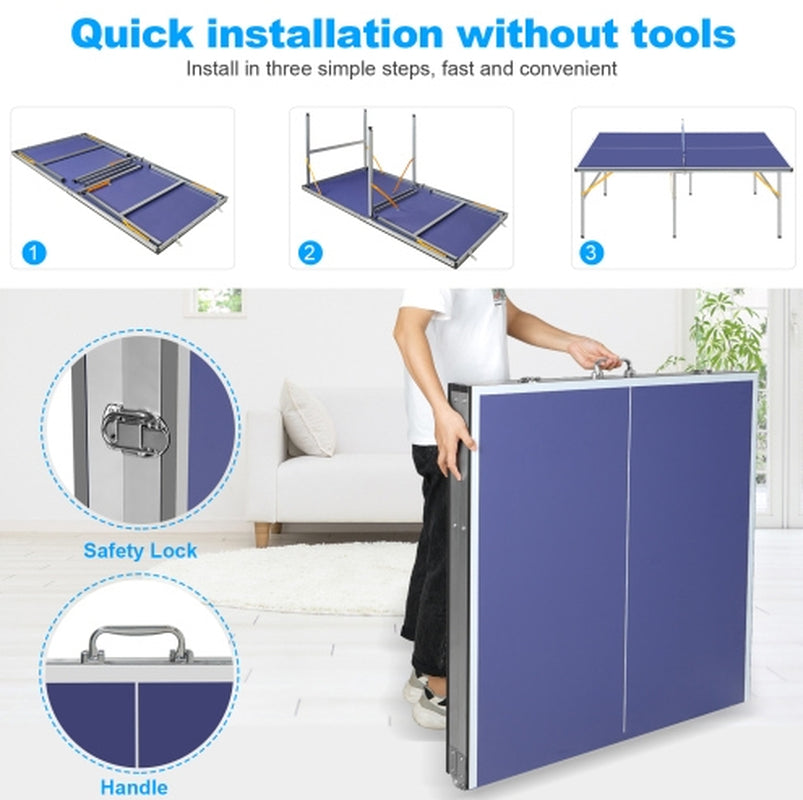 6Ft Mid-Size Table Tennis Table Foldable Portable Ping Pong Table Set for Indoor Outdoor Games with Net, 2 Table Tennis Paddles and 3 Balls