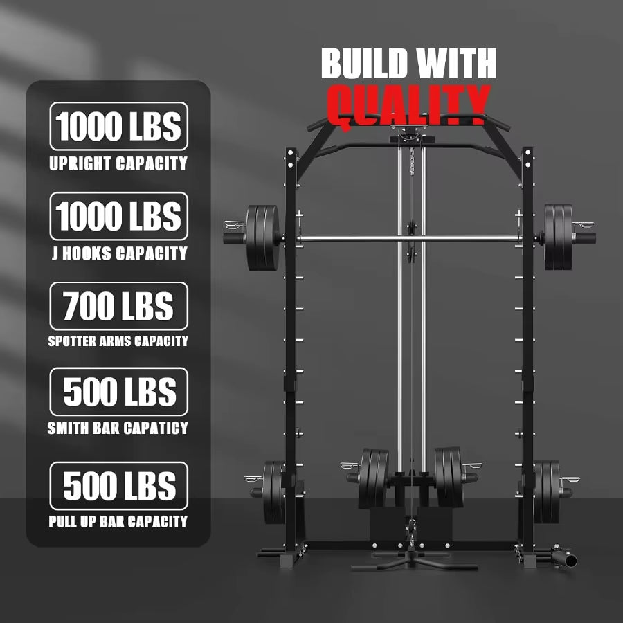 Smith Machine Power Rack with LAT Pulldown System Power Cage with Cable System Squat Rack for Home Gym with Chest Press Machine