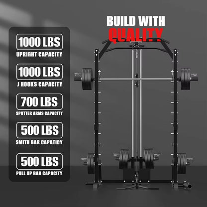 Smith Machine Power Rack with LAT Pulldown System Power Cage with Cable System Squat Rack for Home Gym with Chest Press Machine