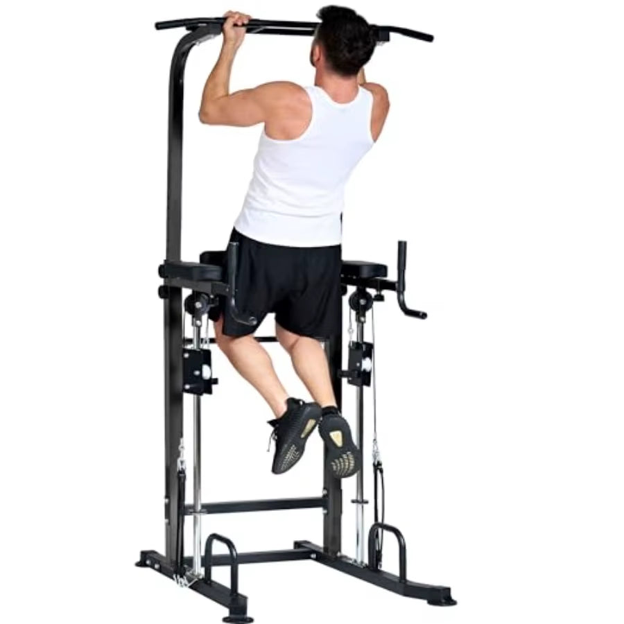 Power Tower Dip Station with Assisted Pad Height Adjustable Pull up Bar Station for Home Gym Multi-Function Strength Training F