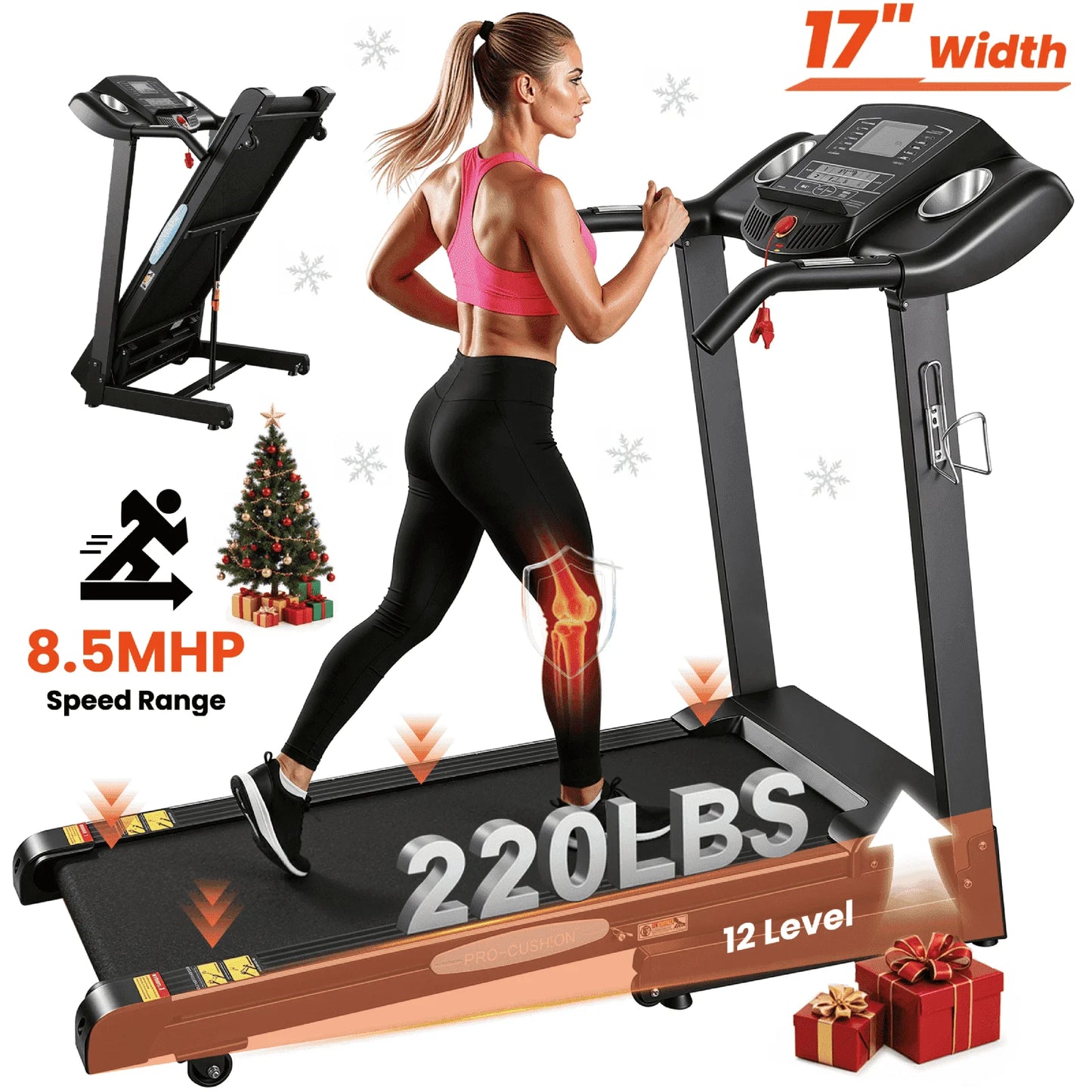 Treadmill with Auto Incline Folding Treadmill 12Level Incline 2.5 Horse Power 15 Preset for Home Use 8.5 Mph Range