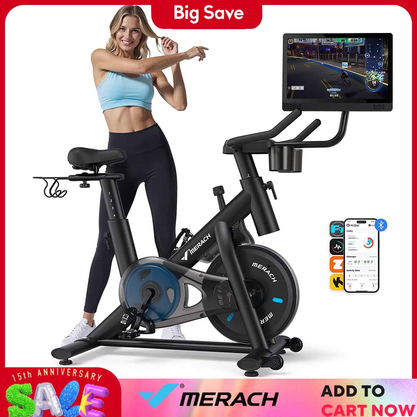 Exercise Bike Brake Pad Stationary with Exclusive App Low Noise Indoor Bike Tablet Mount&Fitness Courses for Weight Loss