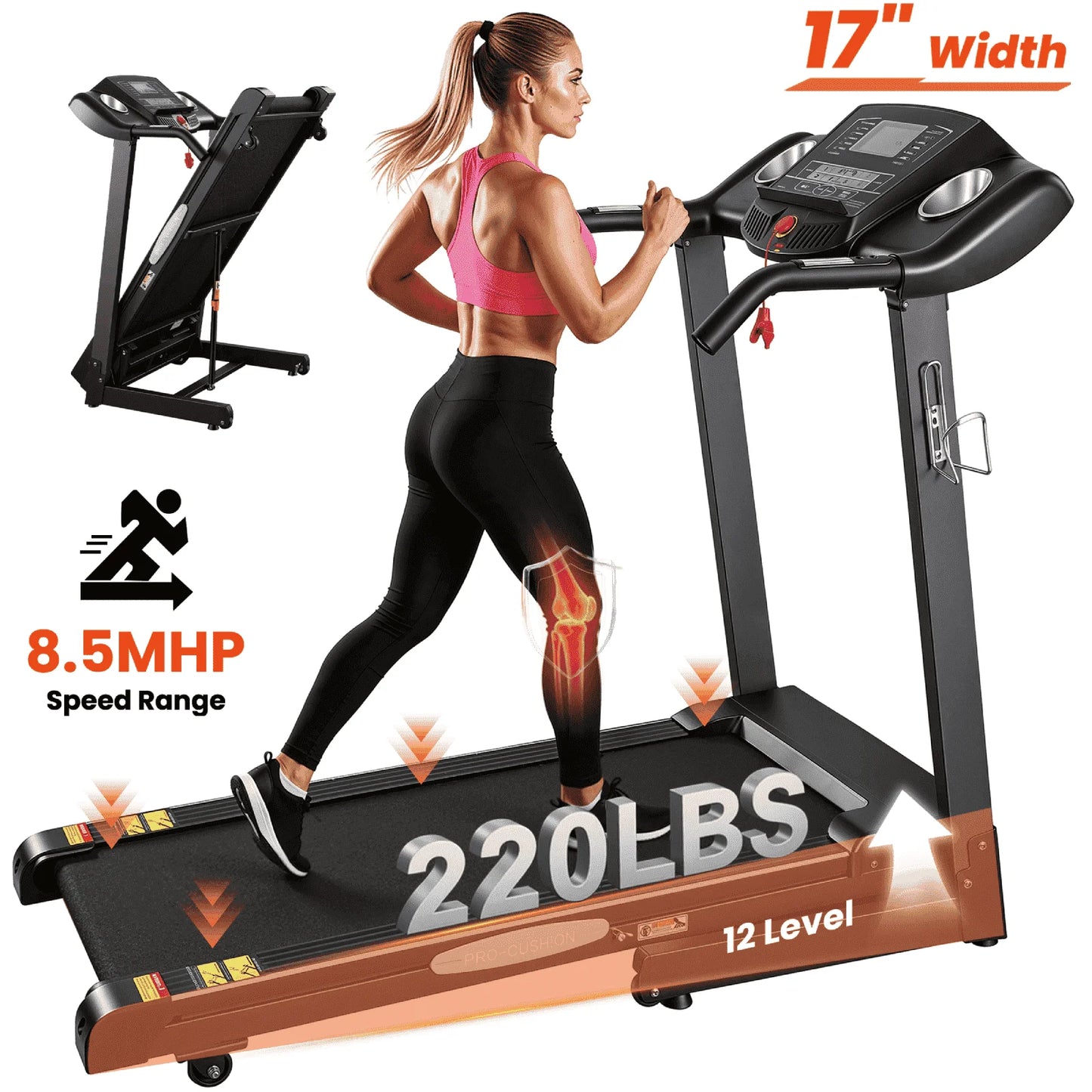 Treadmill with Auto Incline Folding Treadmill 12Level Incline 2.5 Horse Power 15 Preset for Home Use 8.5 Mph Range