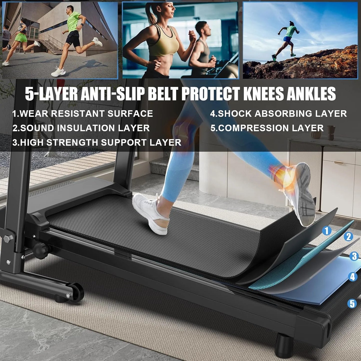Folding Treadmill with LED Display, Fitness Workout Exercise Machine W/App Control, 300 Lb Capacity, Shock-Absorbent Running Deck Walking Pad - Black