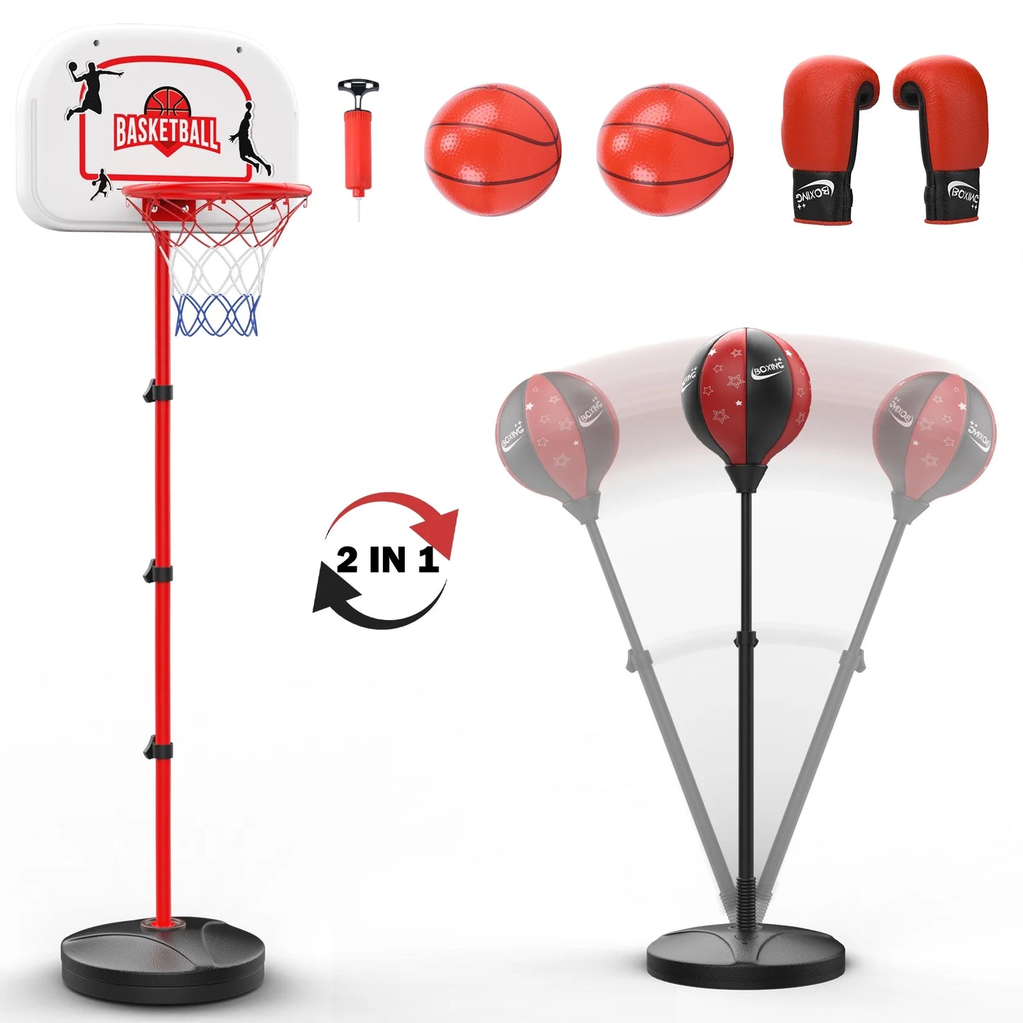 2 in 1 Kids Basketball Hoop and Punching Bag, Adjustable Stand with Boxing Gloves & 2 Balls, Toddler Basketball Hoop and Boxing Bag Set Toy for Outdoor Indoor Sports Games