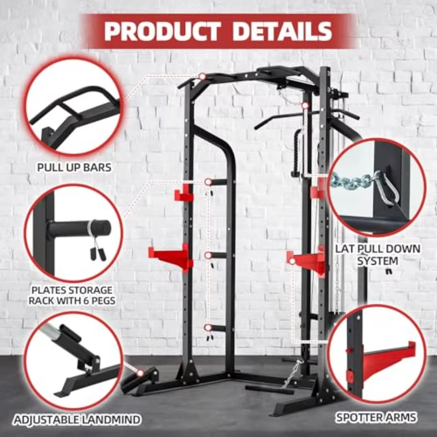 2X2 Squat Half Rack with LAT Pulldown System and Multigrip Pullup Bar for Home Gym Featuring Plate Storage and 1000LBS Capacity
