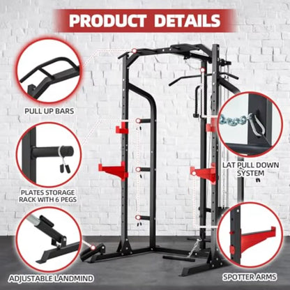 2X2 Squat Half Rack with LAT Pulldown System and Multigrip Pullup Bar for Home Gym Featuring Plate Storage and 1000LBS Capacity