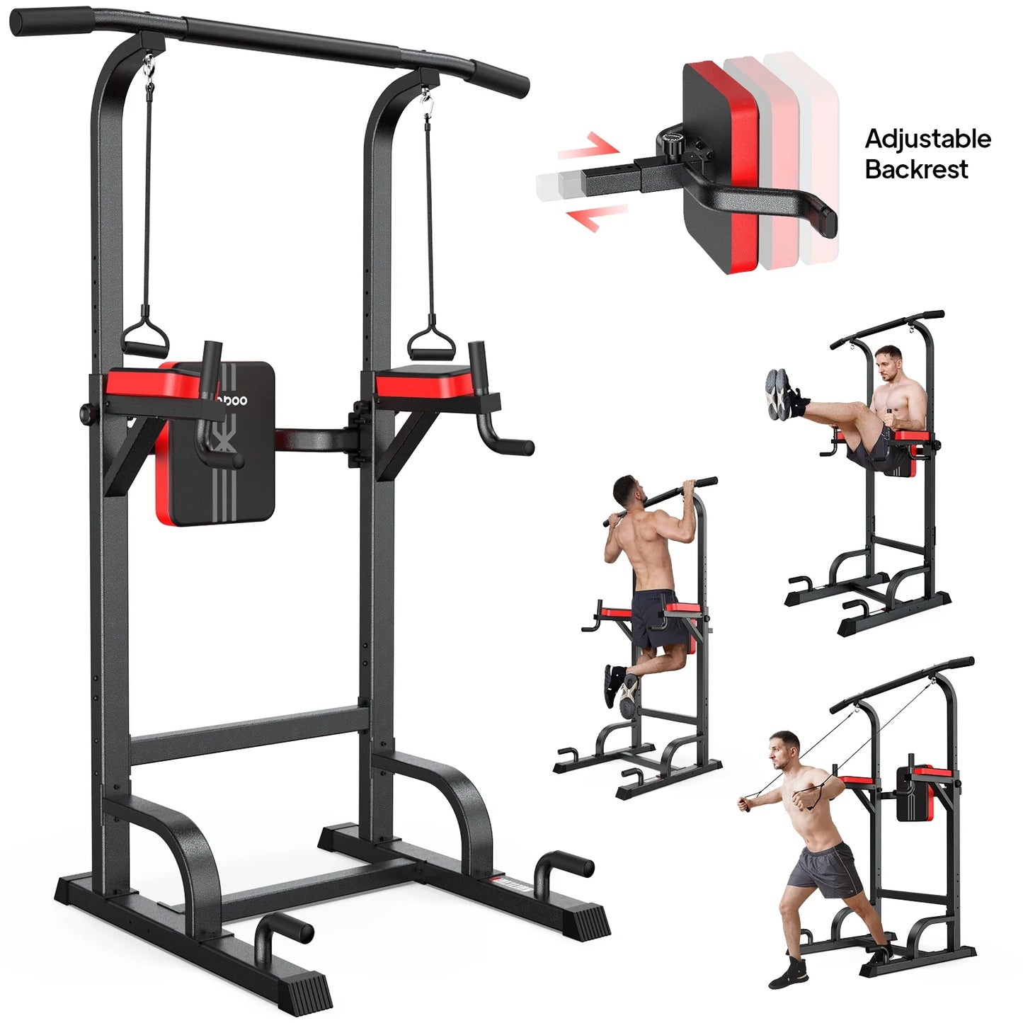 Multifunction Power Tower Pull up Bar Dip Station Power Rack with Adjustable Backrest for Home Gym Strength Training Workout Equipment Max Weight 480Lbs