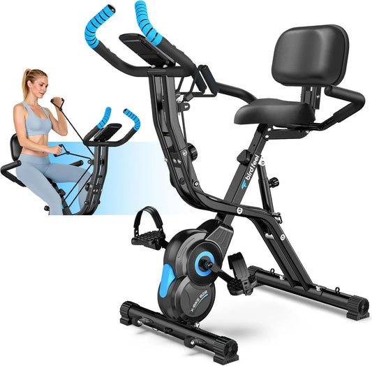 Folding Magnetic Exercise Bike with Massage Backrest Foldable Fitness Indoor Cycling X Bikes Upright Stationary Bicycle 300Lb
