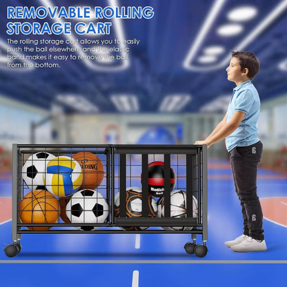 2 in 1 Sports Equipment Organizer for Garage with Rolling Basket and Adjustable Hooks Individually Movable Ball Storage Cart Fo