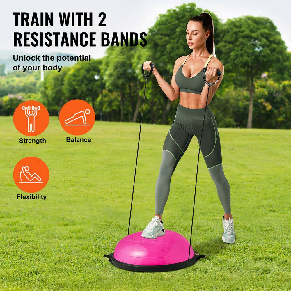 Half Exercise Ball Trainer 26 In. Balance Ball Trainer 1500Lbs Capacity Stability Ball Yoga Ball with Bands Pink