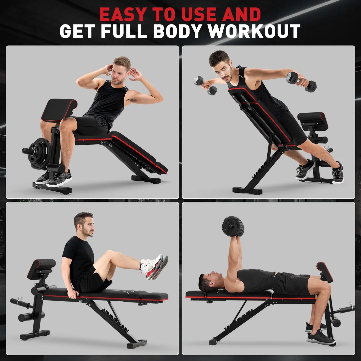 7 Positions Adjustable Weight Bench with Extended Headrest & Preacher Curl,Foldable Workout Bench Olympic Weight Bench for Home Gym Full Body Strength Training,Support up to 800Lbs