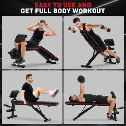 7 Positions Adjustable Weight Bench with Extended Headrest & Preacher Curl,Foldable Workout Bench Olympic Weight Bench for Home Gym Full Body Strength Training,Support up to 800Lbs