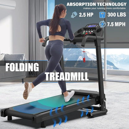 Folding Treadmill with LED Display, Fitness Workout Exercise Machine W/App Control, 300 Lb Capacity, Shock-Absorbent Running Deck Walking Pad - Black
