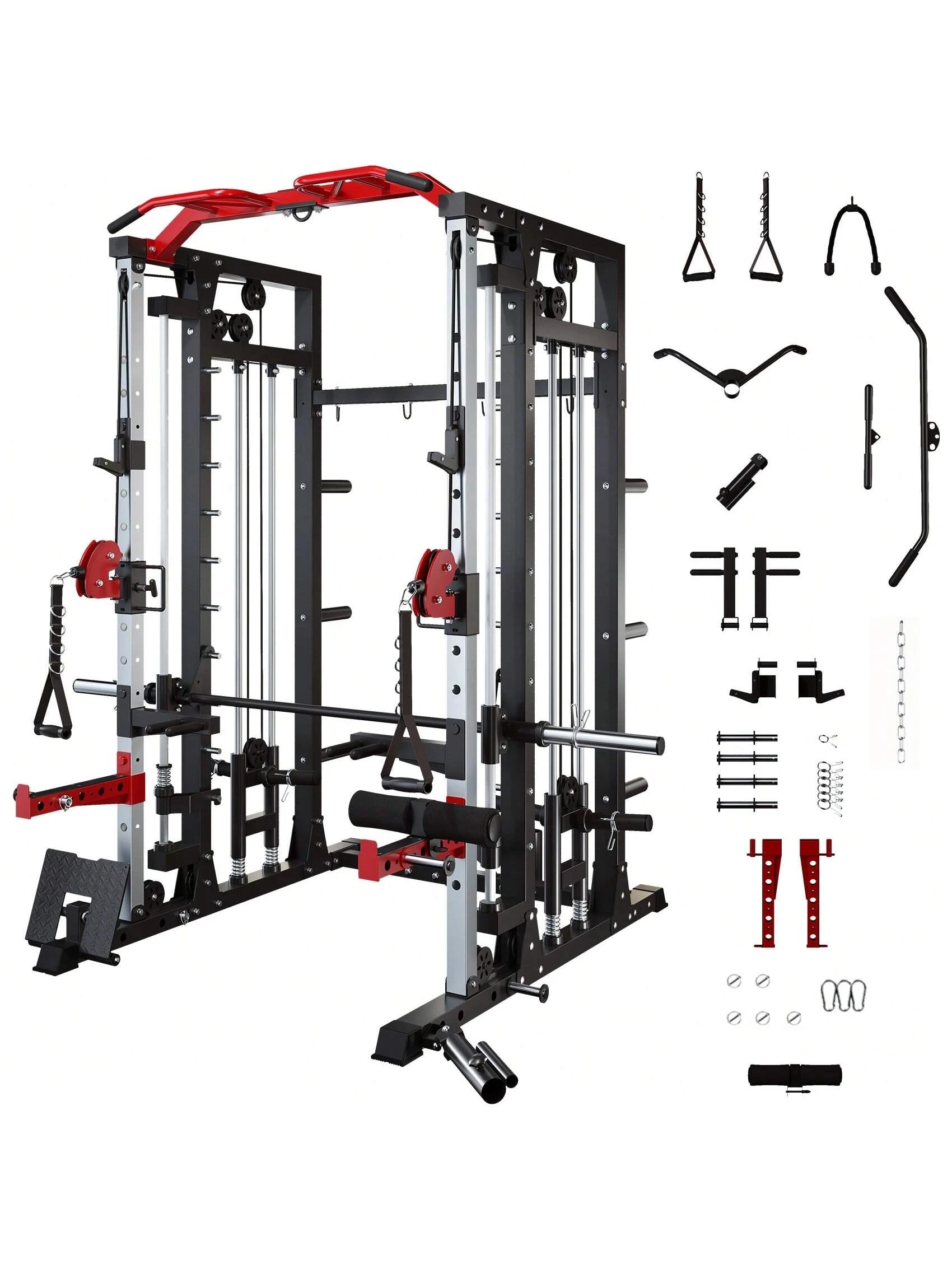 Smith Machine - 2200Lbs Squat Rack Home Gym with Lat-Pull down System & Cable Crossover Machine - Training Equipment with Leg Hold-Down Attachment