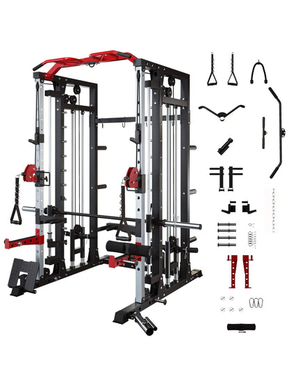 Smith Machine - 2200Lbs Squat Rack Home Gym with Lat-Pull down System & Cable Crossover Machine - Training Equipment with Leg Hold-Down Attachment