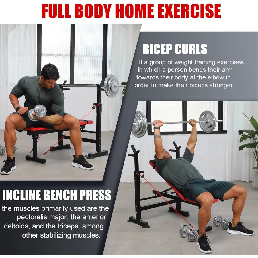 600Lbs 6-In-1 Adjustable Weight Bench Set with Integrated Squat Rack and Foldable Design for Home Gym Use Features Removable Fo