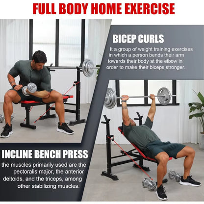 600Lbs 6-In-1 Adjustable Weight Bench Set with Integrated Squat Rack and Foldable Design for Home Gym Use Features Removable Fo