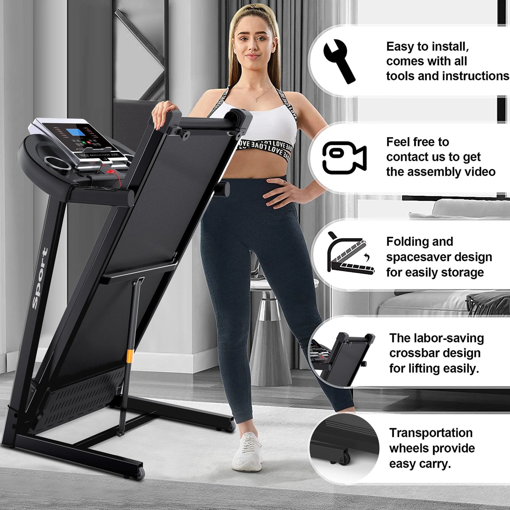 "Electric Exercise Treadmills on Sale, 55"" X 26"" X 48"" Smart Folding Treadmill with MP3 Ipad/ Cup Holder, 12 Preset Program, Motorized Running Exercise Equipment for Home, Black"