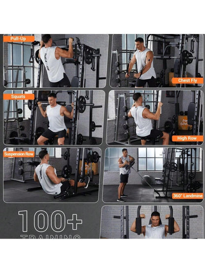 Smith Machine, 2000LBS Power Rack with Smith Bar, Cable Crossover Machine and Chest Station Machine for Home Gym, Multifunctional Home Gym System with LAT Pulldown System and More Attachment